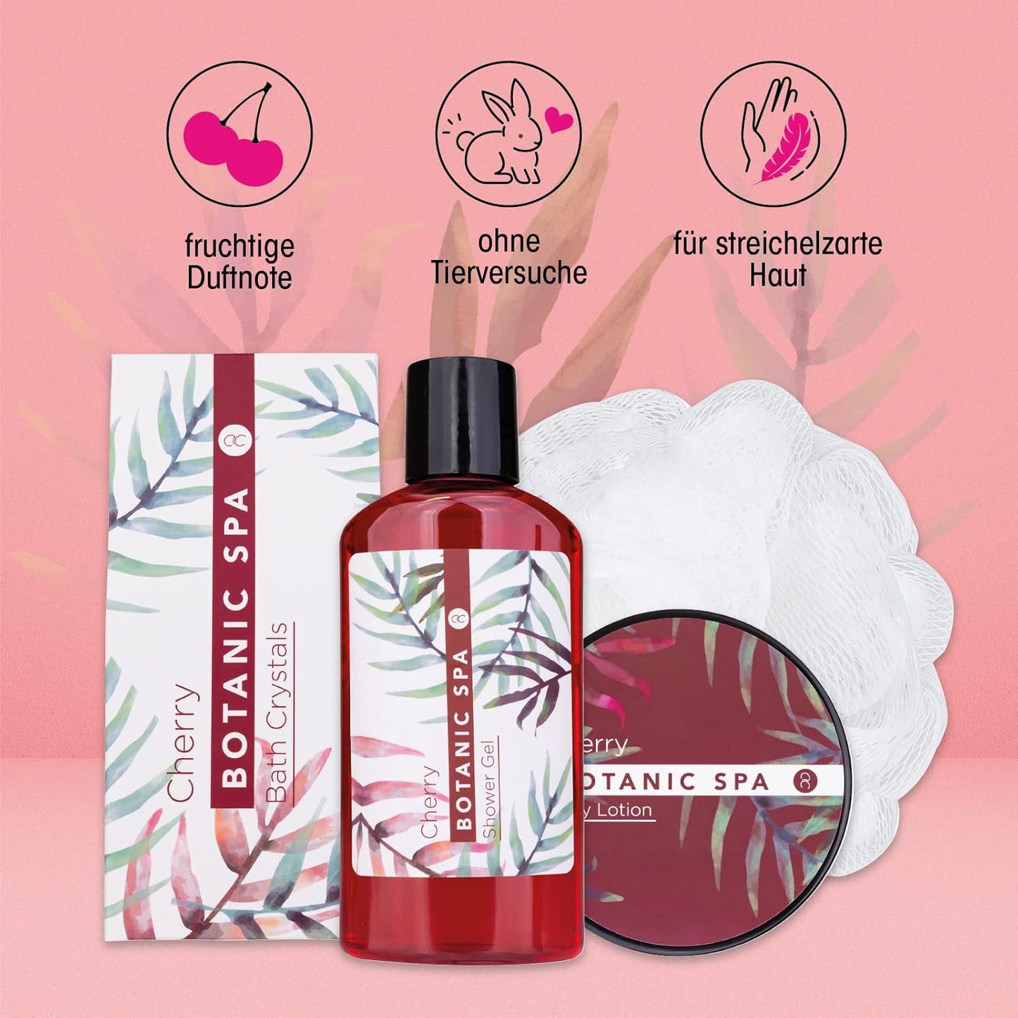 Set De Bain Pour Femme CHERRY SPA Dans Un Panier - Set De Soins 4 Pièces Avec Gel Douche, Sel De Bain & Lotion Pour Le Corps - Cadeau Bien-Être Anniversaire Ou Saint-Valentin