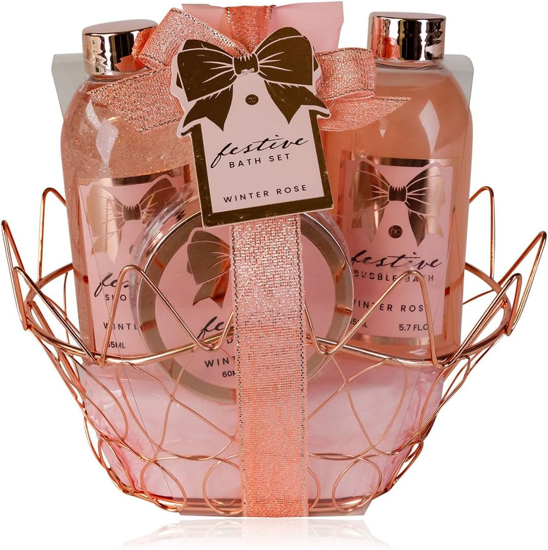 Kit De Douche Festive Pour Femme Dans Un Joli Panier Métallique Rose – Kit De Soin 4 Pièces Avec Gel Douche, Lotion Pour Le Corps, Bain Moussant Et Gommage Pour Le Corps – Coffret Cadeau