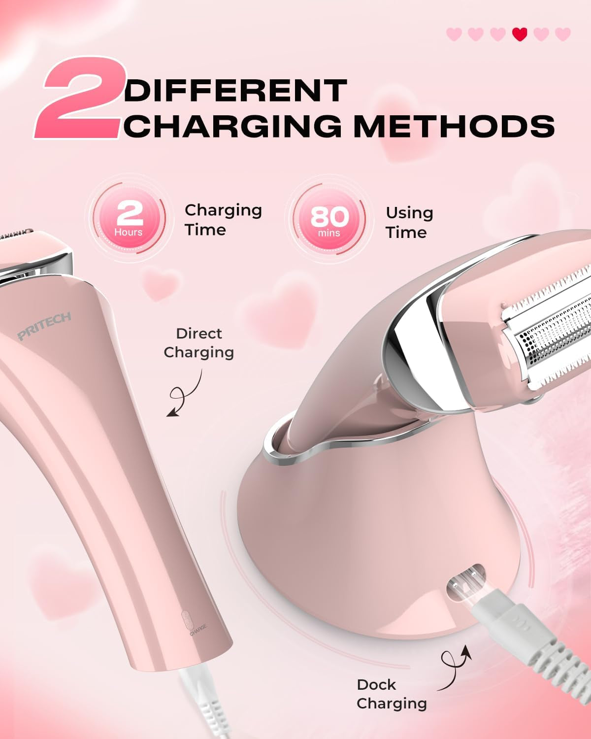 PRITECH Rasoir Électrique Pour Femme - Sans Douleur - Rechargeable - Pour Épilation Des Jambes Et Des Aisselles - Sans Fil (Rose)
