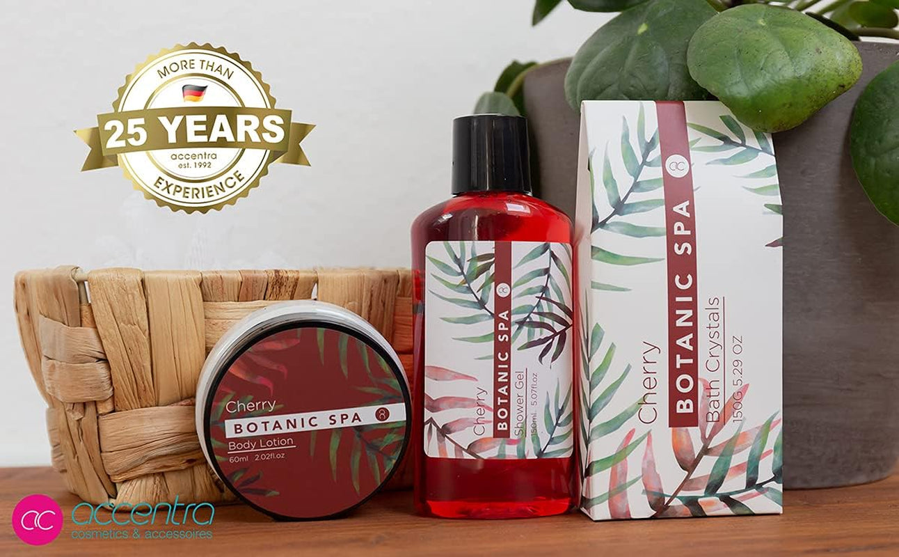 Set De Bain Pour Femme CHERRY SPA Dans Un Panier - Set De Soins 4 Pièces Avec Gel Douche, Sel De Bain & Lotion Pour Le Corps - Cadeau Bien-Être Anniversaire Ou Saint-Valentin