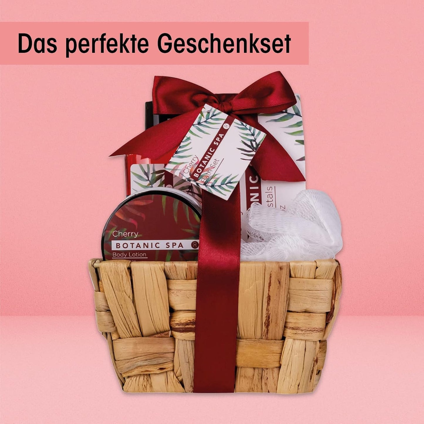 Set De Bain Pour Femme CHERRY SPA Dans Un Panier - Set De Soins 4 Pièces Avec Gel Douche, Sel De Bain & Lotion Pour Le Corps - Cadeau Bien-Être Anniversaire Ou Saint-Valentin