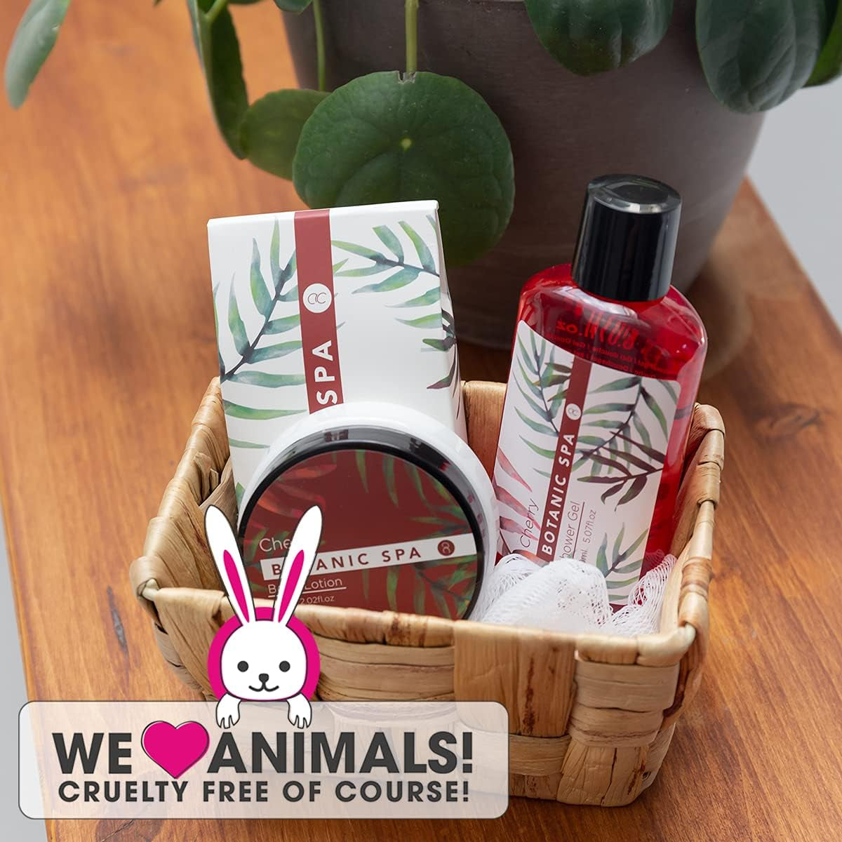 Set De Bain Pour Femme CHERRY SPA Dans Un Panier - Set De Soins 4 Pièces Avec Gel Douche, Sel De Bain & Lotion Pour Le Corps - Cadeau Bien-Être Anniversaire Ou Saint-Valentin