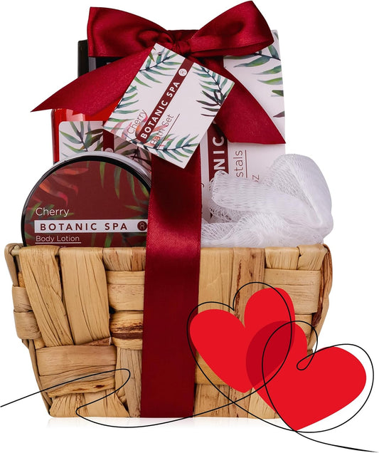 Set De Bain Pour Femme CHERRY SPA Dans Un Panier - Set De Soins 4 Pièces Avec Gel Douche, Sel De Bain & Lotion Pour Le Corps - Cadeau Bien-Être Anniversaire Ou Saint-Valentin