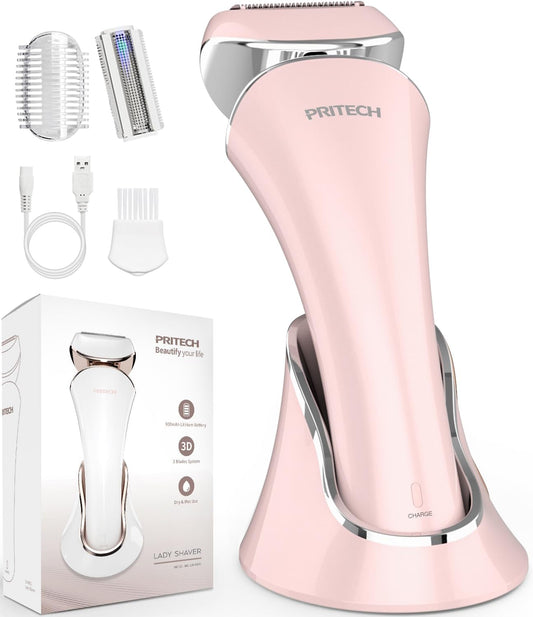 PRITECH Rasoir Électrique Pour Femme - Sans Douleur - Rechargeable - Pour Épilation Des Jambes Et Des Aisselles - Sans Fil (Rose)