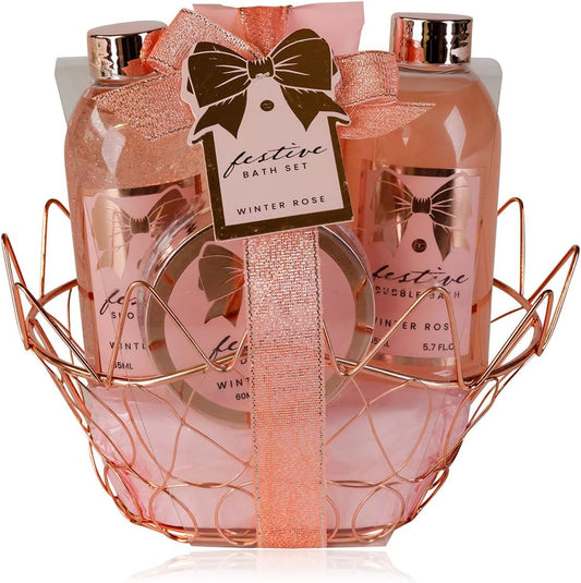 Kit De Douche Festive Pour Femme Dans Un Joli Panier Métallique Rose – Kit De Soin 4 Pièces Avec Gel Douche, Lotion Pour Le Corps, Bain Moussant Et Gommage Pour Le Corps – Coffret Cadeau