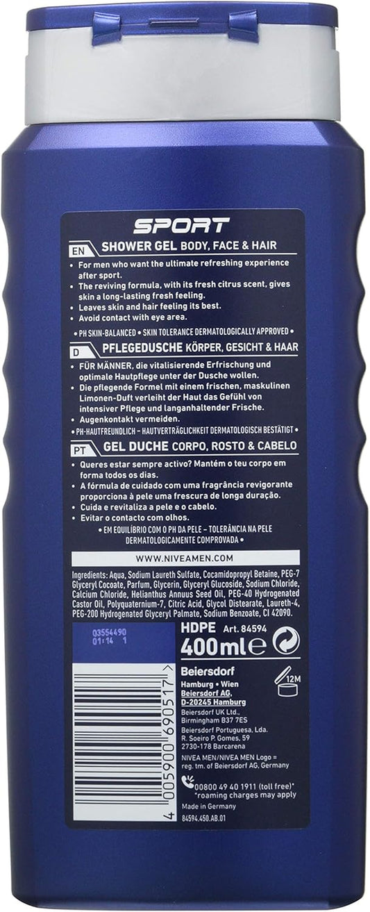 NIVEA Men Sport Lot De 6 Gels Douche (6 X 400 Ml), Gel Douche Rafraîchissant Avec Parfum Citron Vert, Gel Douche Tout-En-1 Pour Homme, Gel Douche Puissant NIVEA MEN