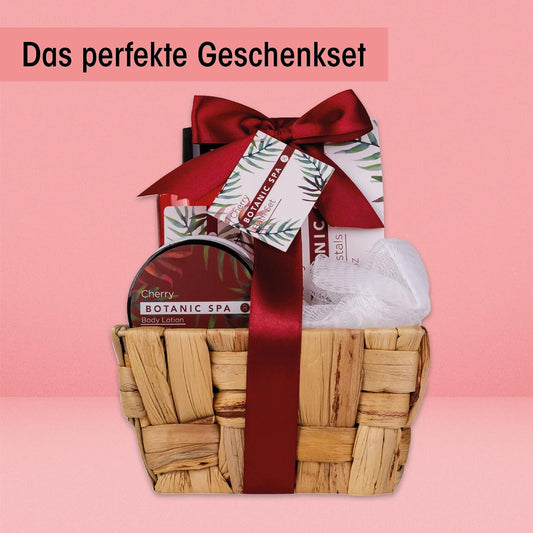 Set De Bain Pour Femme CHERRY SPA Dans Un Panier - Set De Soins 4 Pièces Avec Gel Douche, Sel De Bain & Lotion Pour Le Corps - Cadeau Bien-Être Anniversaire Ou Saint-Valentin