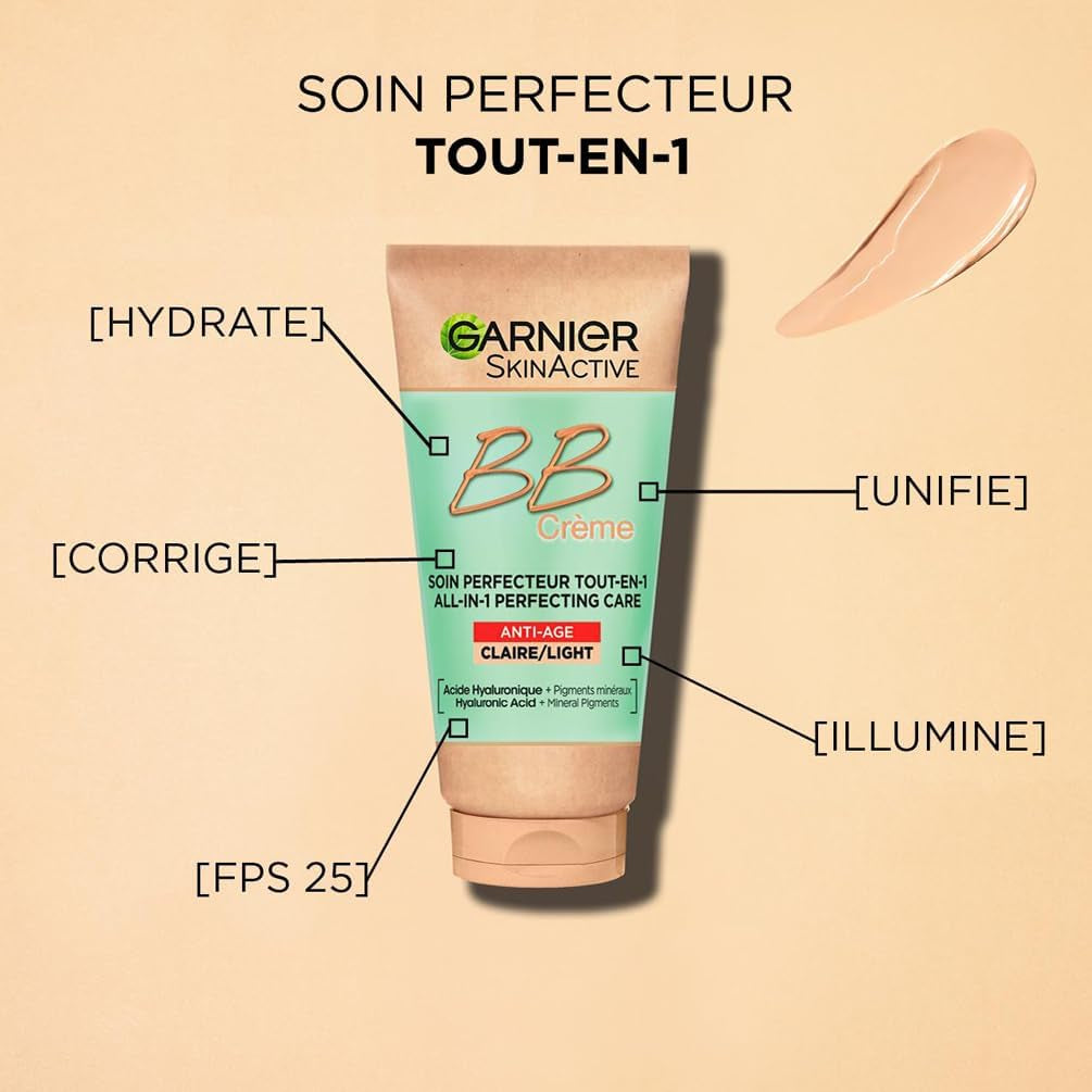 Skin Active - BB Crème Anti-Âge - Soin Perfecteur Tout-En-1 - Raffermit & Hydrate - FPS 25 - Acide Hyaluronique & Aloe Vera - Vegan & Cruelty Free - Tous Types De Peaux - Teinte Claire - 50 Ml